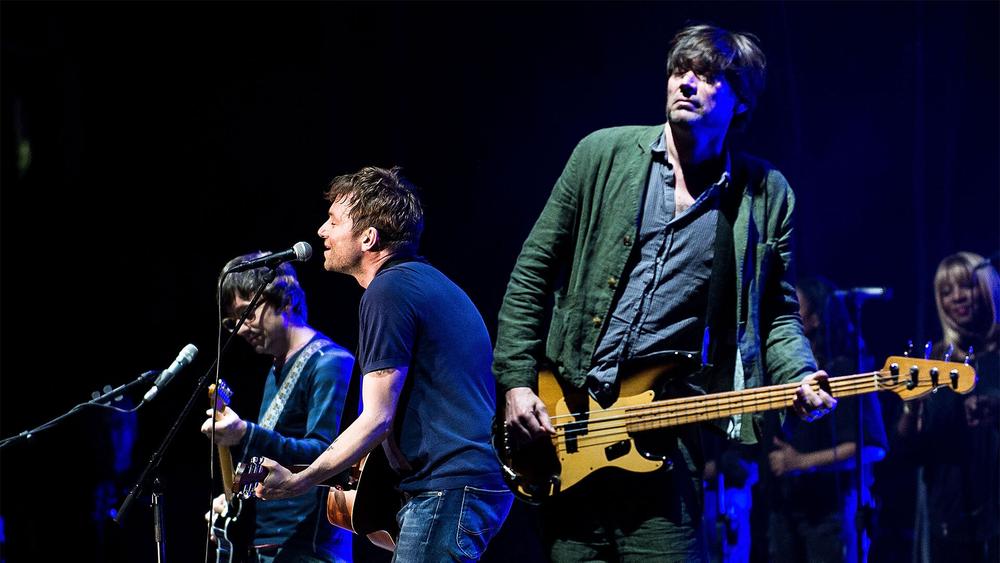 Группа Blur (Грэм Коксон, Деймон Албарн и Алекс Джеймс) на фестивале Splendour in the Grass, 26 июля 2015 года